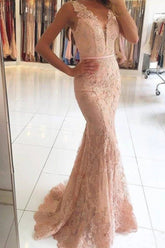 Charm Yarn Back Prom Dresses, Lace Appliques Mermaid Evening Dresses